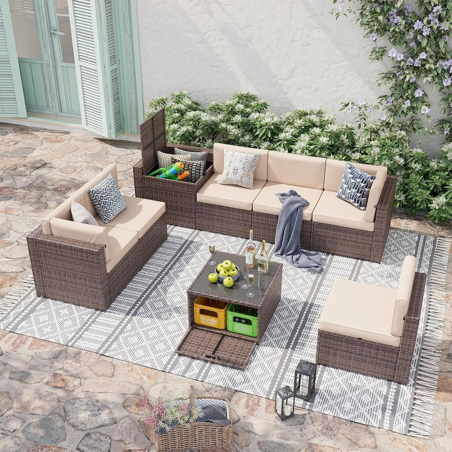 8 Piece Patio Furniture Set, Wicker Outdoor Furniture with Large Storage Table, Patio Conversation