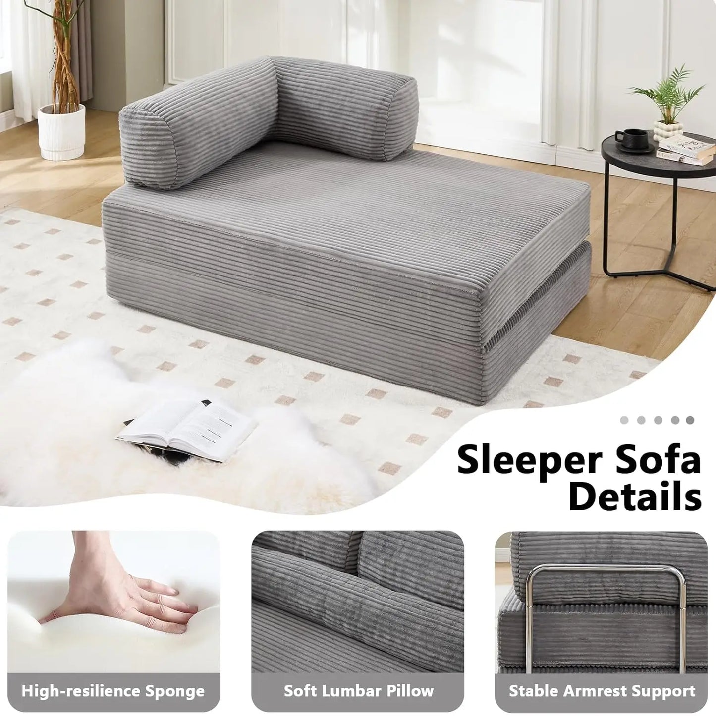 5-in-1 Convertible Sofa Bed, 79" Corduroy Folding Sleeper Couch Bed with Steel Frames, Boneless Foldable Floor Sofa, Customized