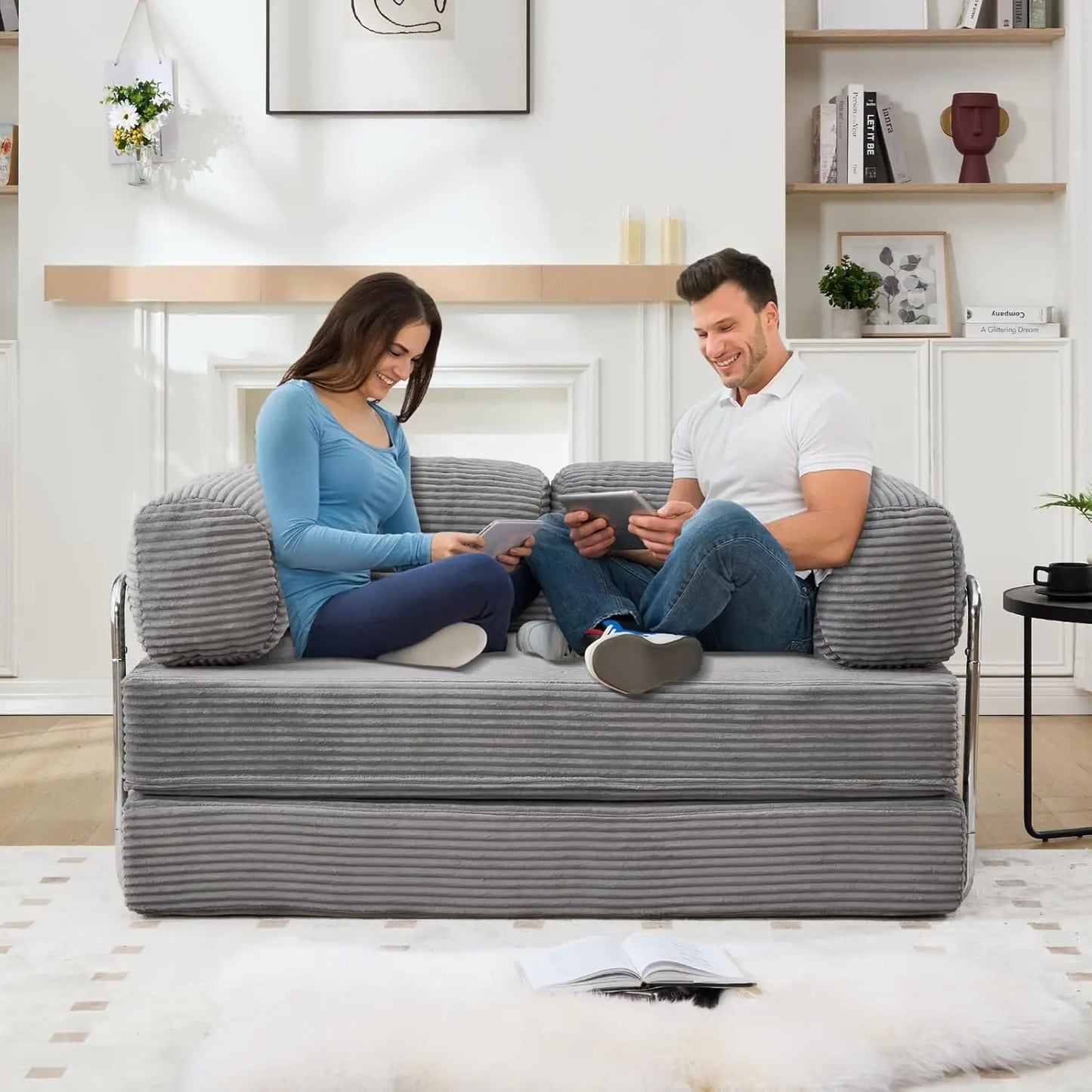 5-in-1 Convertible Sofa Bed, 79" Corduroy Folding Sleeper Couch Bed with Steel Frames, Boneless Foldable Floor Sofa, Customized