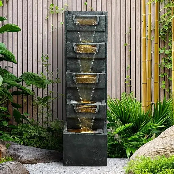 Modern 4-Tier Cascading Fountain with LED Lights - 39.3 Tall Outdoor/Indoor Water Feature for Garden