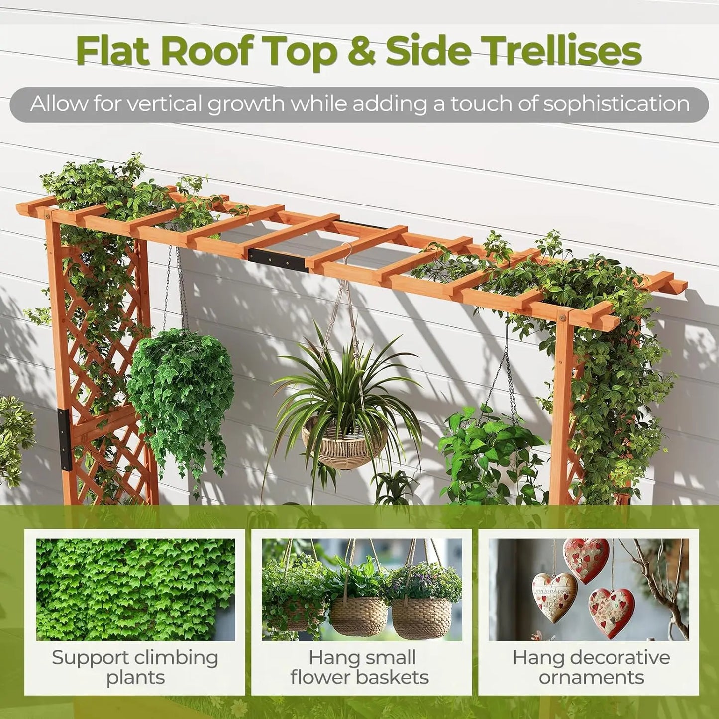 Freestanding Wood Planter Box with Trellis, Hanging Roof & Drainage for Climbing Plants, Flowers, Outdoor Garden