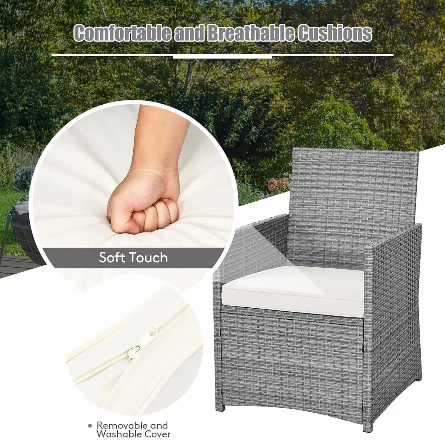 3 Pieces Patio Rattan Furniture Set, Outdoor Wicker Conversation Set with Sponge and Coffee Table, Cushioned Dining, Customized
