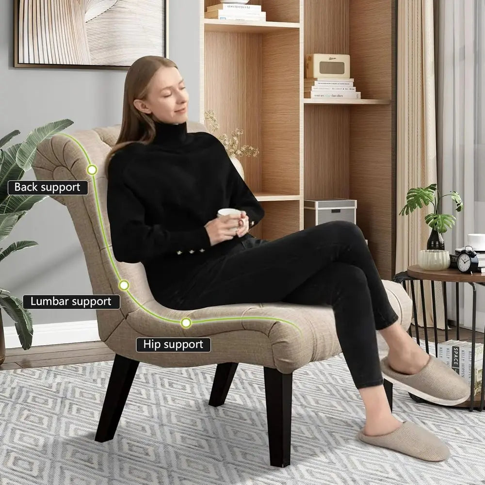2-Piece Living Room Set: Upholstered Accent Chair and Reclining Sofa with Wooden Legs in Khaki