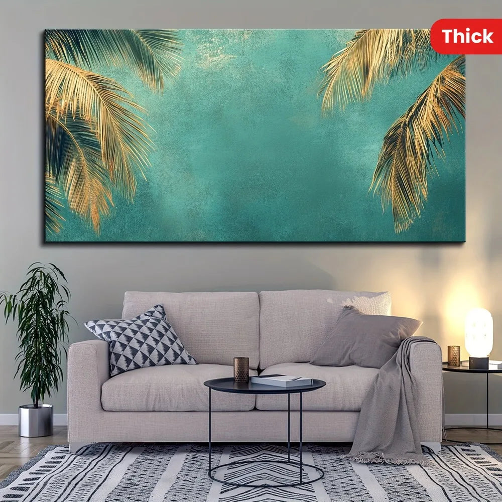 1.5 inch thick pine solid wood frame, mural oil painting, golden ocean beach palm tree, sunset landscape coconut tree