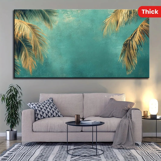 1.5 inch thick pine solid wood frame, mural oil painting, golden ocean beach palm tree, sunset landscape coconut tree