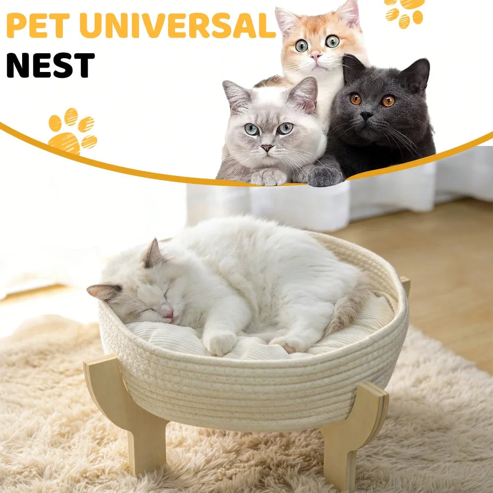 Raised Wooden Cat Bed Sofa with Fluffy Cushion, Elevated Pet Couch Lounge Chair for Indoor Cats, Puppies and Small Pets