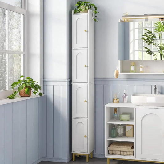 4-Tier Narrow Tall Storage Cabinet, Slim Bathroom Storage Cabinet With 4 Adjustable Feet And Shelves, Bathroom Organization For