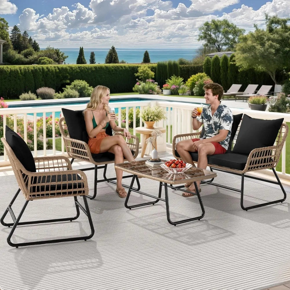 Outdoor Patio Conversation Set 4 Pieces, Wicker Furniture with Soft Cushion & Coffee Table, Rattan Bistro Set Patio Set Chairs