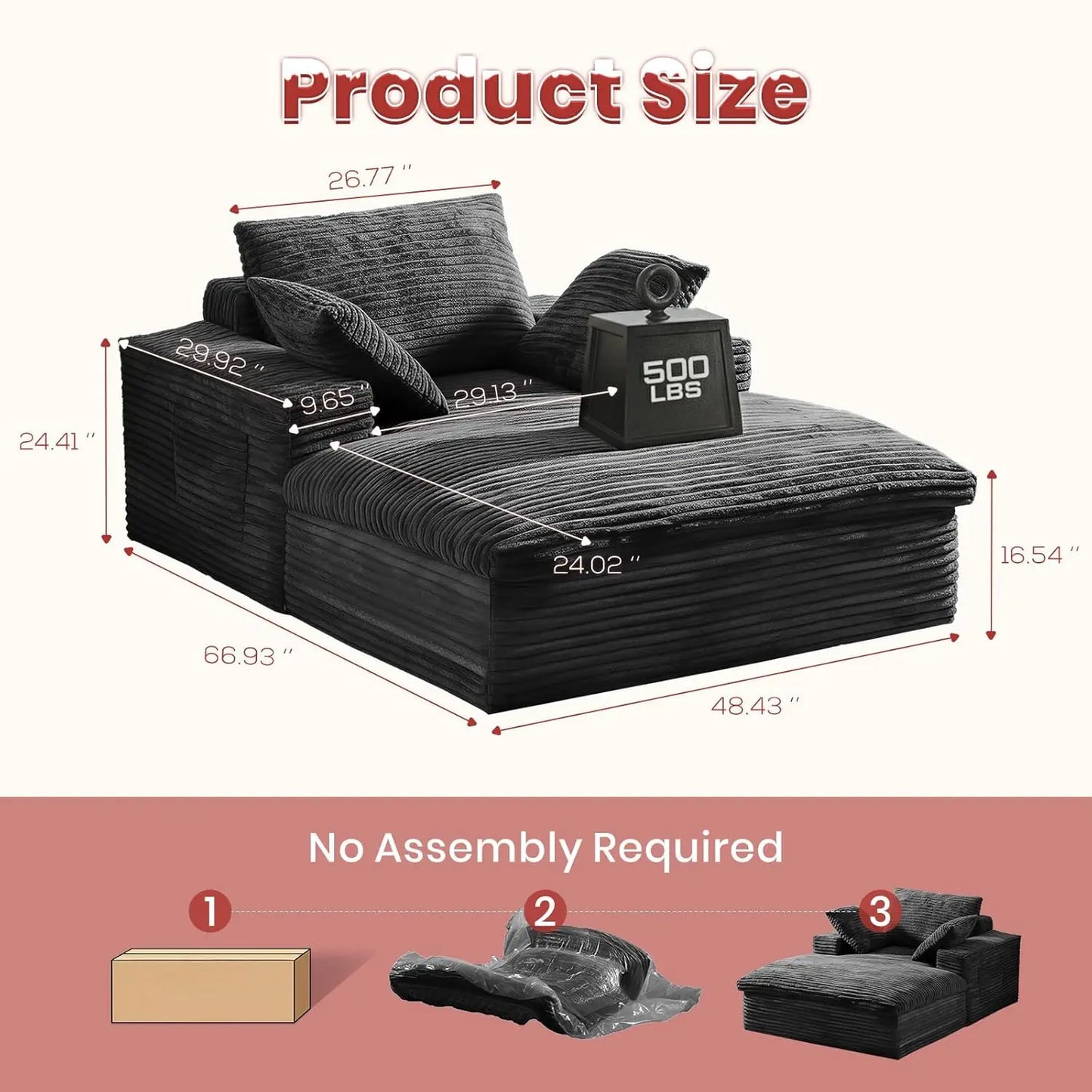 68" Oversized Chaise Lounge Indoor Cloud Layer Couch 3 Pillows Reading No Assembly Black Customized