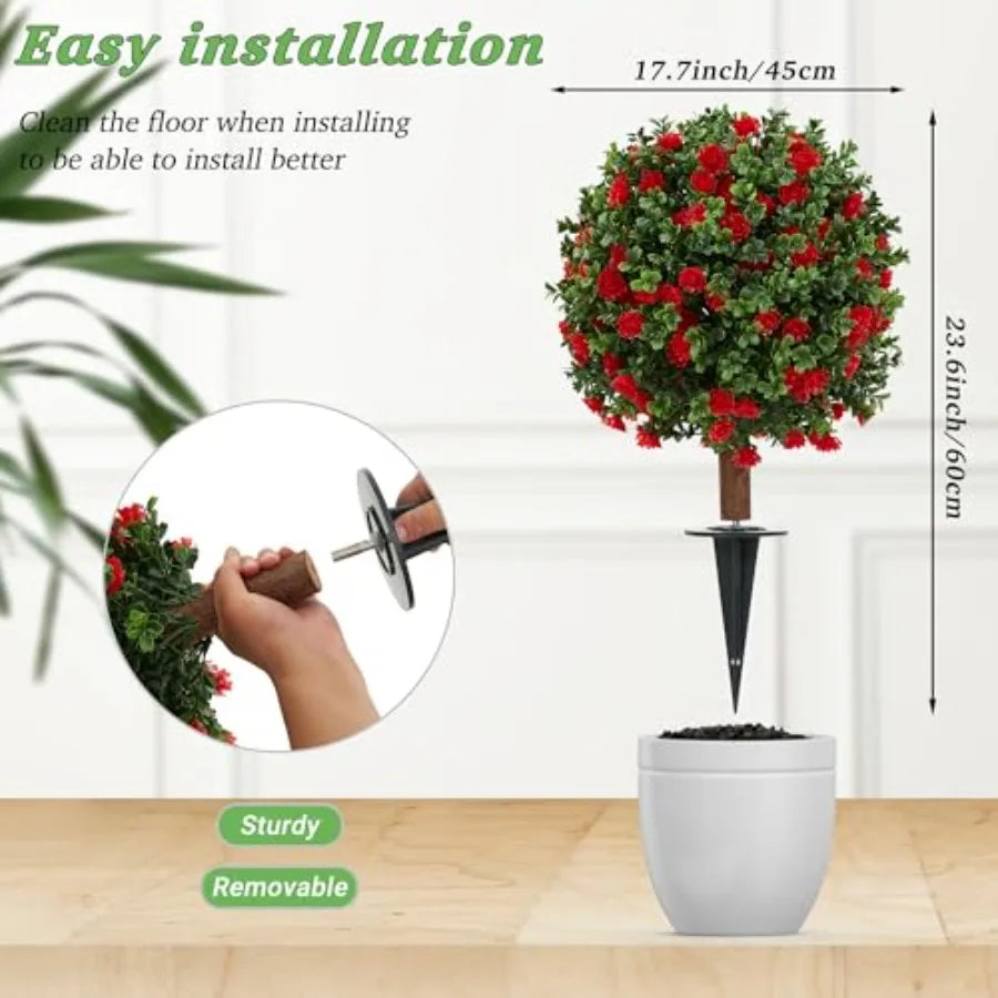 2 Pack 23.6 Artificial Flowering Topiary Tree Realistic Fake Plants with Ground Spike UV Resistant for Outdoor Indoor Porch Gar