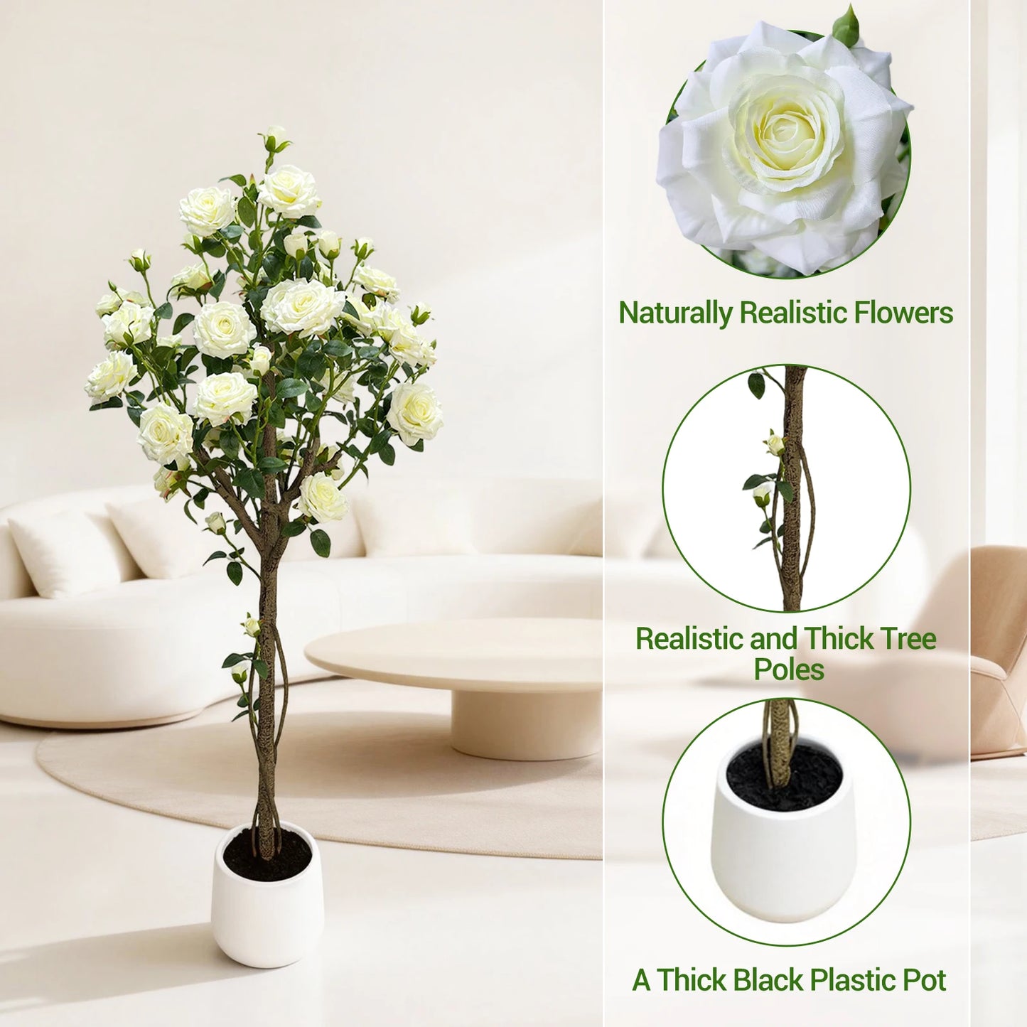 150cm  Fake Flower Tree Artificial White Rose Artificial Flowers Faux Trees Indoor Decor Trees for Home Living Room Porch Farmho