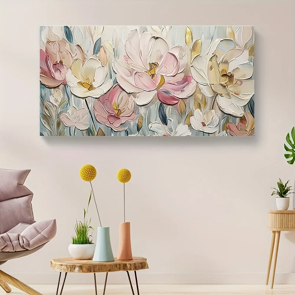 An abstract floral canvas painting, suitable for interior, mixed watercolor style poster, 1.5 inch thick pine solid wood frame