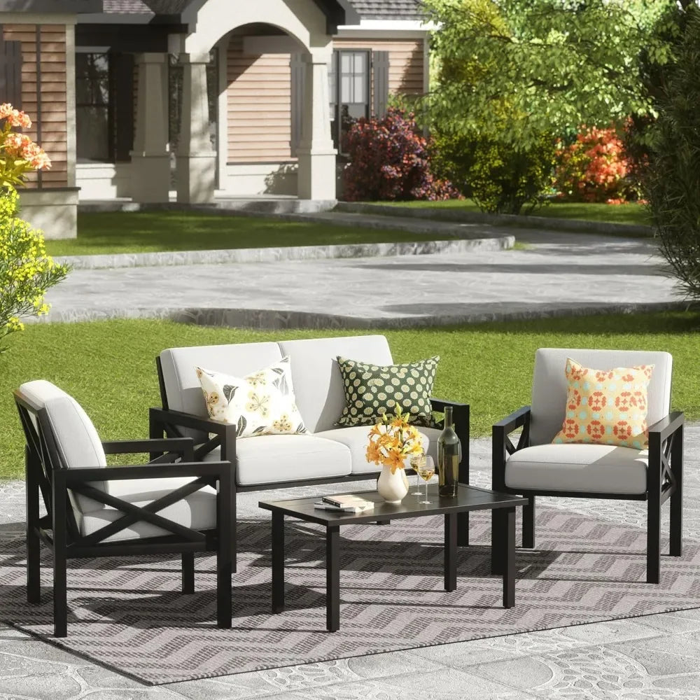 Outdoor Patio Furniture 4 Pieces Set, Outdoor Sectional  Sofa with 5.5 Inch Cushion and Coffee Table, Patio Conversation Sets