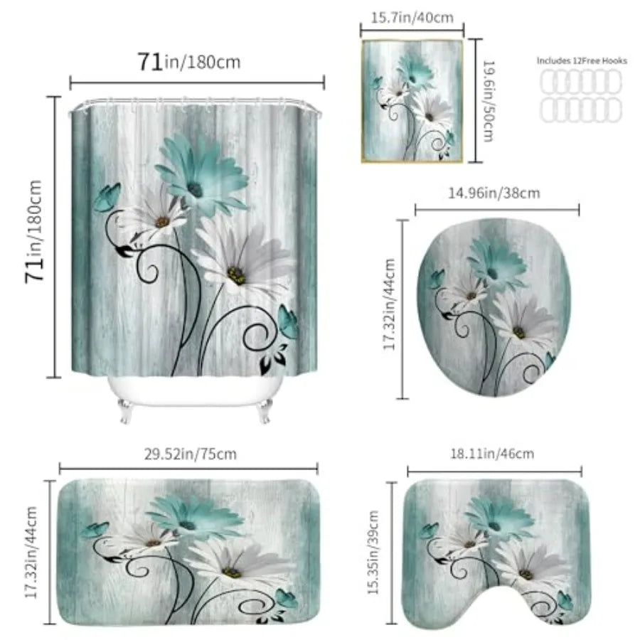 5Pcs Teal Daisy Shower Curtain Set with Bathroom Wall Art Decor Painting Shower Curtain and Rugs Ideal for Bathroom Decoration