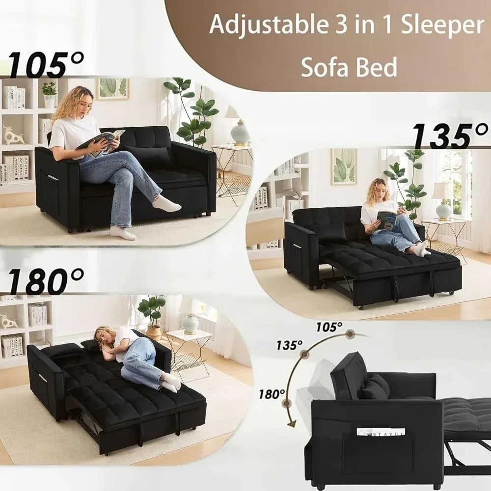 70" 3-in-1 Velvet Sleeper Sofa Bed, Convertible Pull Out Couch w/Adjustable Back & Storage, Black Futon for Small Space