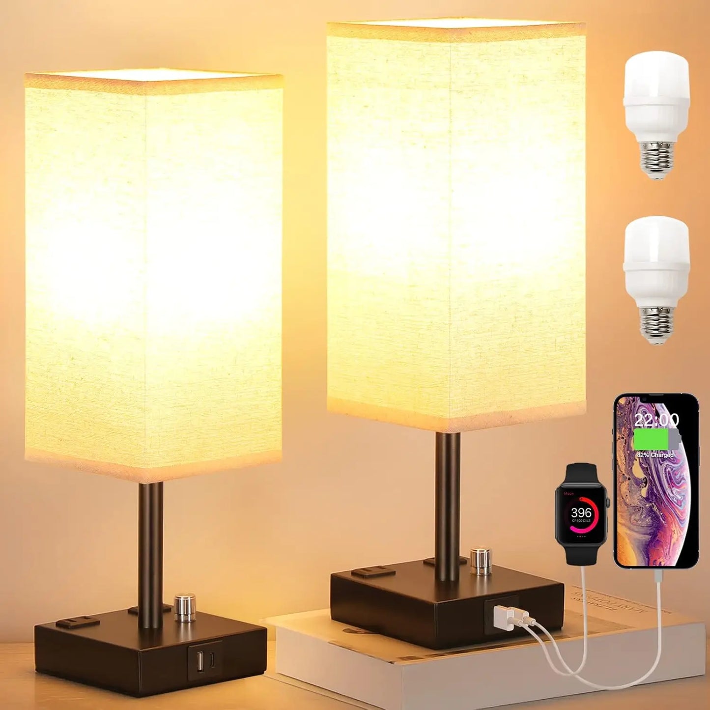 Fully Dimmable Nightstand Lamps Set of 2 with USB C+A Charging Ports & AC Outlets, Linen Shade for Bedroom Living Room