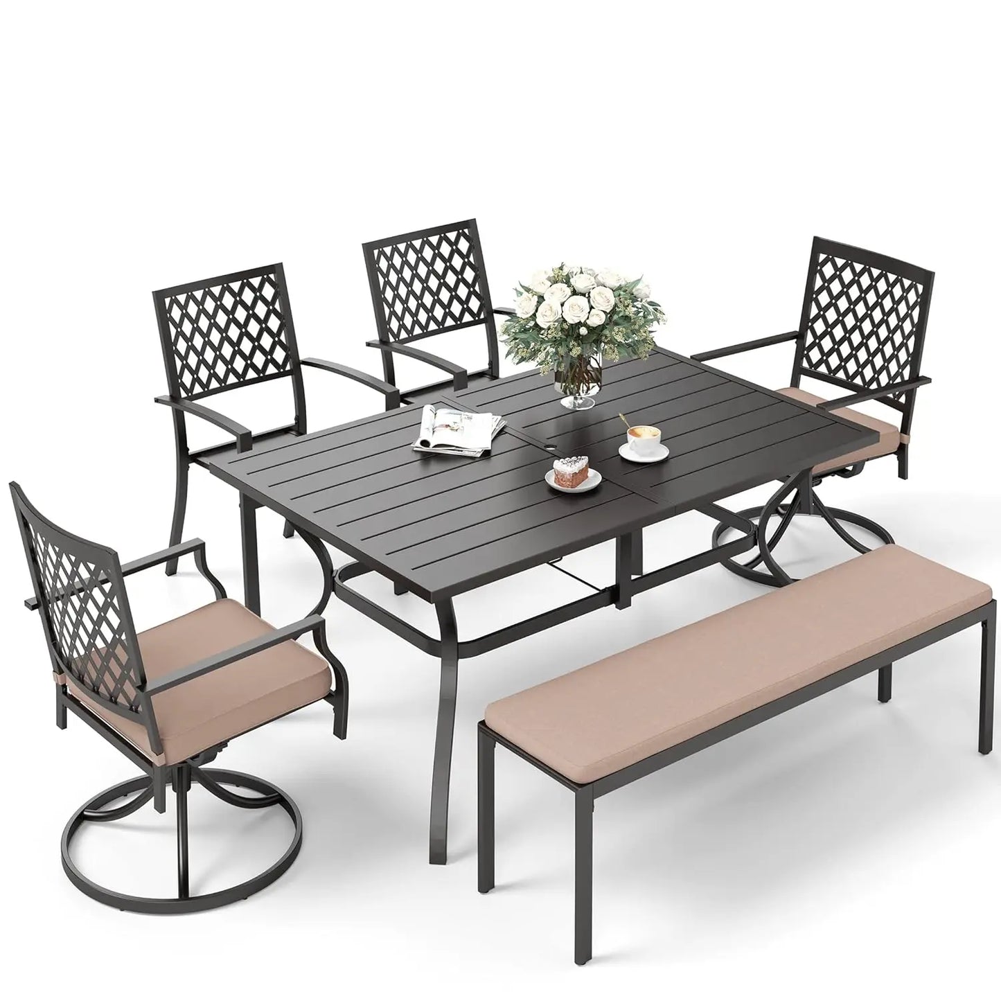 Sunshine Valle Patio Dining Set for 6, 60x38 Outdoor Table and Chairs Set with Umbrella Hole, 2 Leg Chairs, 2, Customized