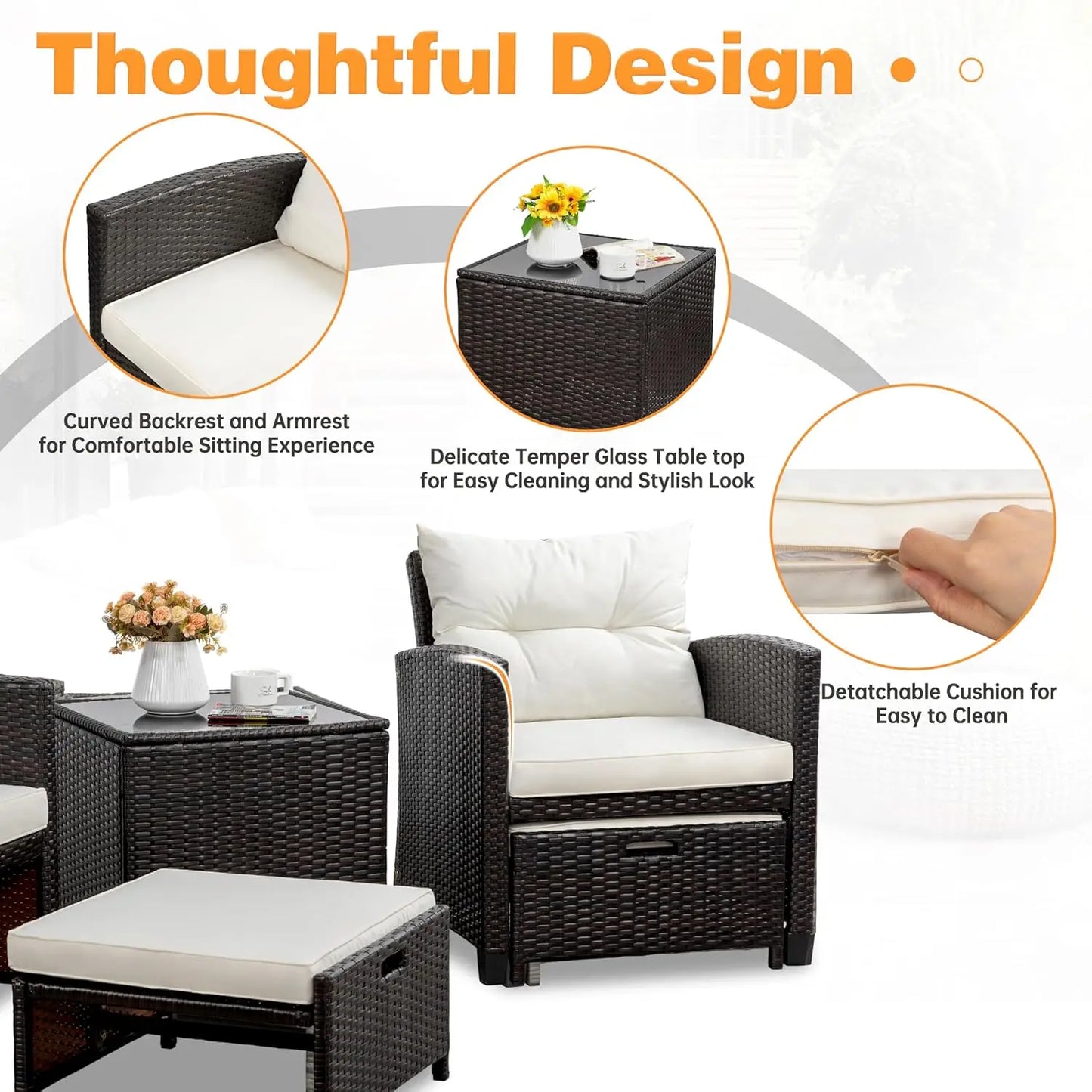 5pc Patio Set Wicker Conversation Ottoman All Weather Rattan Chairs Table Cushion Porch Garden Backyard, Customized