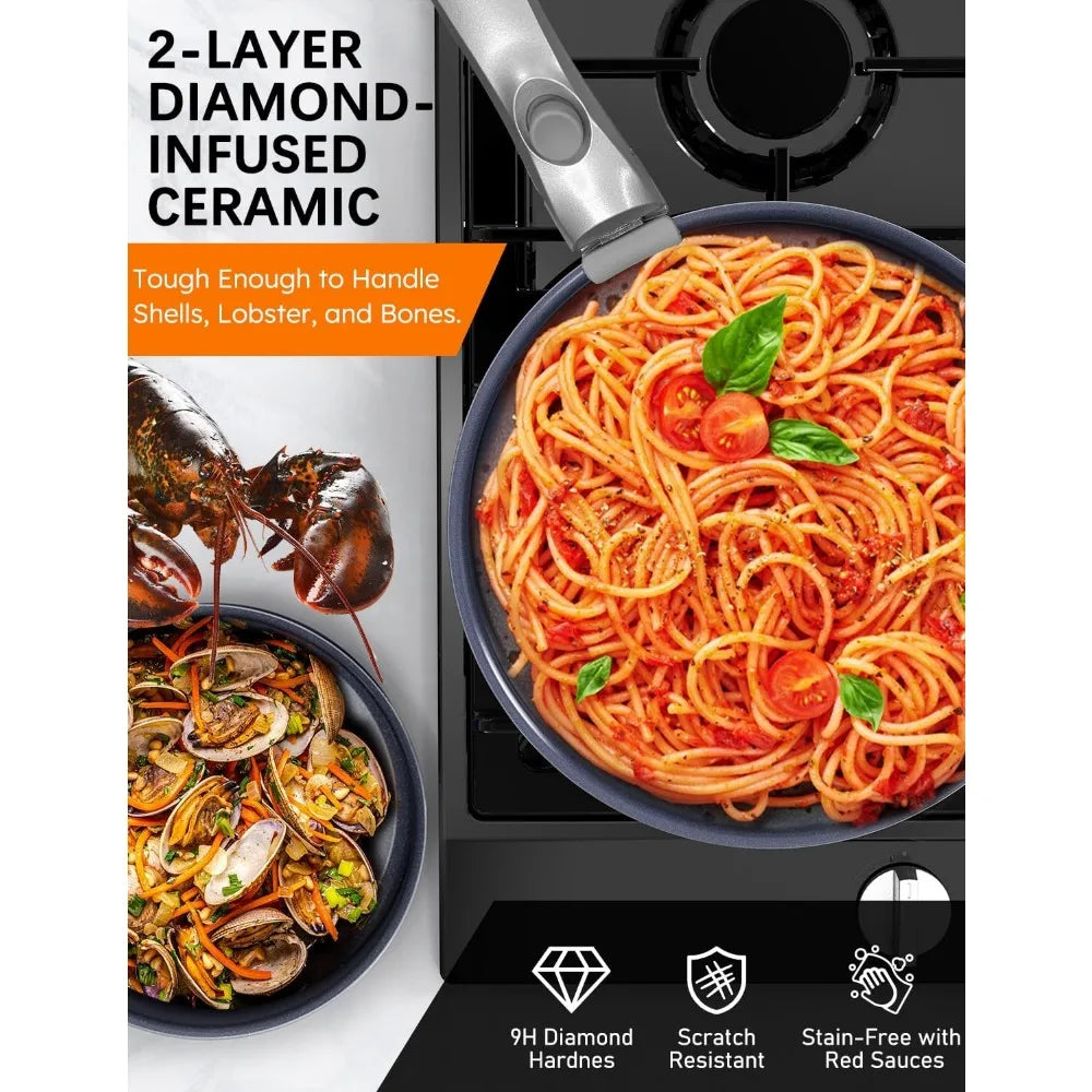 Pro  12PC Hybrid 3-Ply Stainless Steel Skillet&Nonstick Pots and Pans Set, High Heat Sear&Fry, 2-Layer Ceramic Induction Cookwar