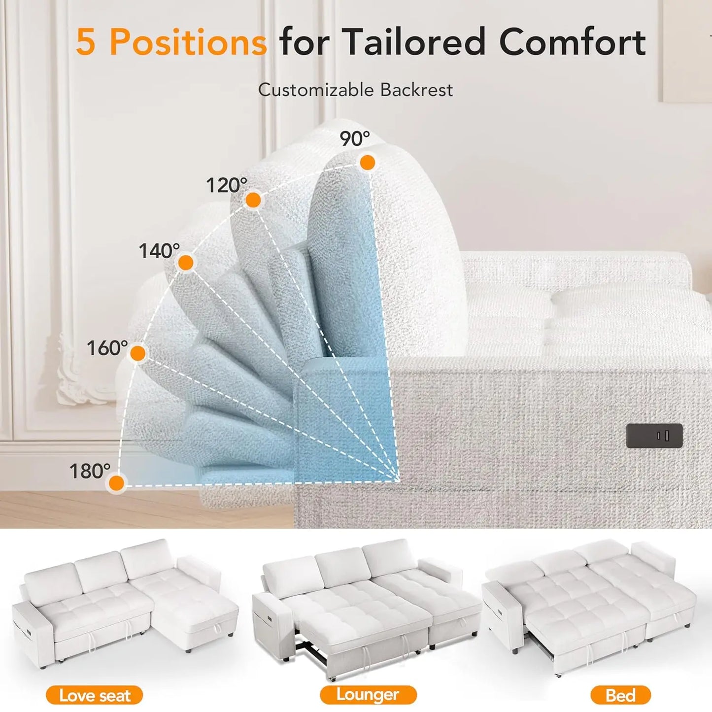 L Shaped Chenille Sleeper Sofa Pull Out Bed Reversible Storage Chaise USB Port Side Pocket Tool-Free Assembly 81" Customized