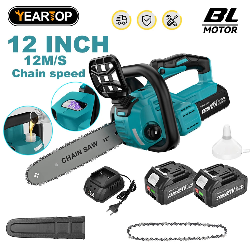 YEARTOP 12 Inch Brushless Electric Chainsaw LED Display Cordless Garden Woodworking Chain Saw Power Tool For Makita 18V Battery