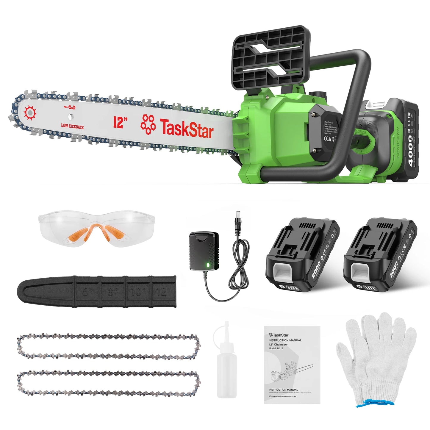 TaskStar 12-inch Brushless Electric Chainsaw Woodworking Cutting Garden Tool Cordless Electric Saw with 2 Rechargeable Batteries