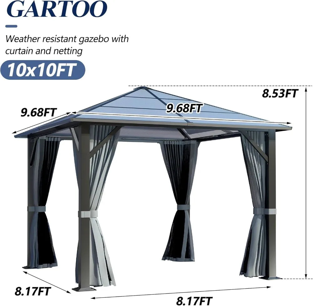 10'x10' Hardtop Gazebo with Polycarbonate Roof, Waterproof Outdoor Canopy, Steel Frame, Curtains & Netting for Backyard Garden