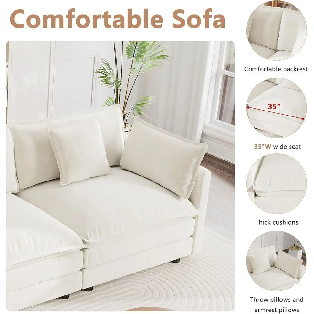 146.5 L-Shaped 4-Seat Chenille Couch Set with Ottoman, Beige, Comfortable Living Room Furniture