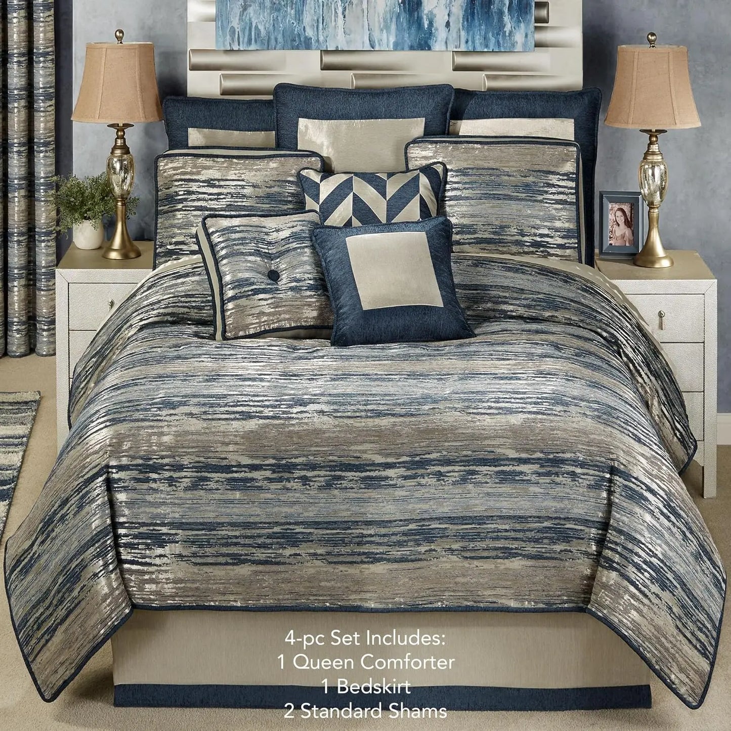 Spellbound Modern Luxury Bedding | Chic Metallic, Cool, & Neutral Hues | Chenille Abstract Striated Designs | 4, Customized
