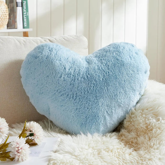 Ultra-Soft Heart-Shaped Pillow, Light Blue Fluffy Throw Cushion for Living Room Decor, 15x18 Inch Gift
