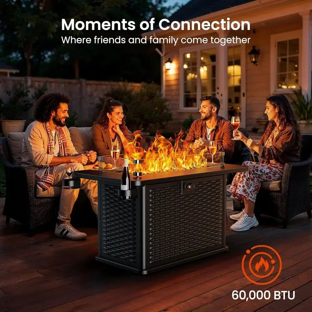 43 Outdoor Propane Fire Pit Table with 60k BTU Burner, Premium Glass Rocks, Wind Guard, Waterproof Cover, and Cup Holders for Pa