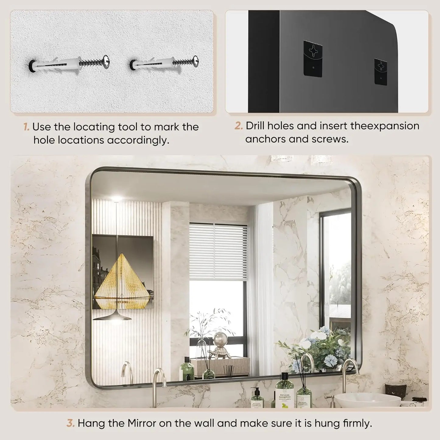 Black Metal Framed Vanity Mirror, Rounded Rectangle Bathroom Wall Mirror for Over Sink, 30x22 Inch Matte Large Modern Decorative