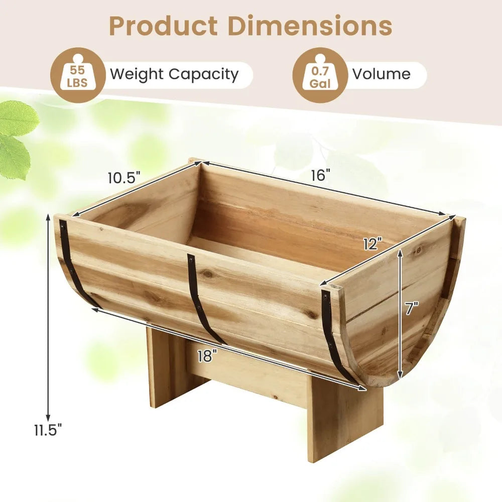 Outdoor Wooden Planter Solid Acacia Wood Half-Barrel Planter Box w/ Legs
