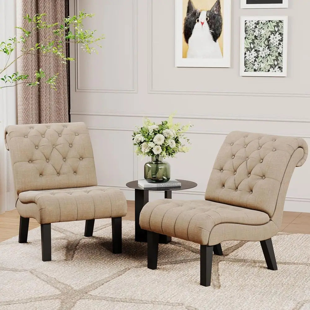 2-Piece Living Room Set: Upholstered Accent Chair and Reclining Sofa with Wooden Legs in Khaki