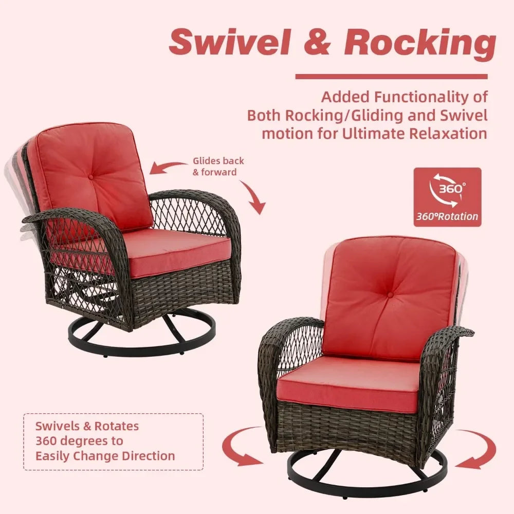 3 Pieces Outdoor Swivel Rocker Patio Chairs, with Glass Coffee Table, 360 Degree Rocking Patio Conversation Set