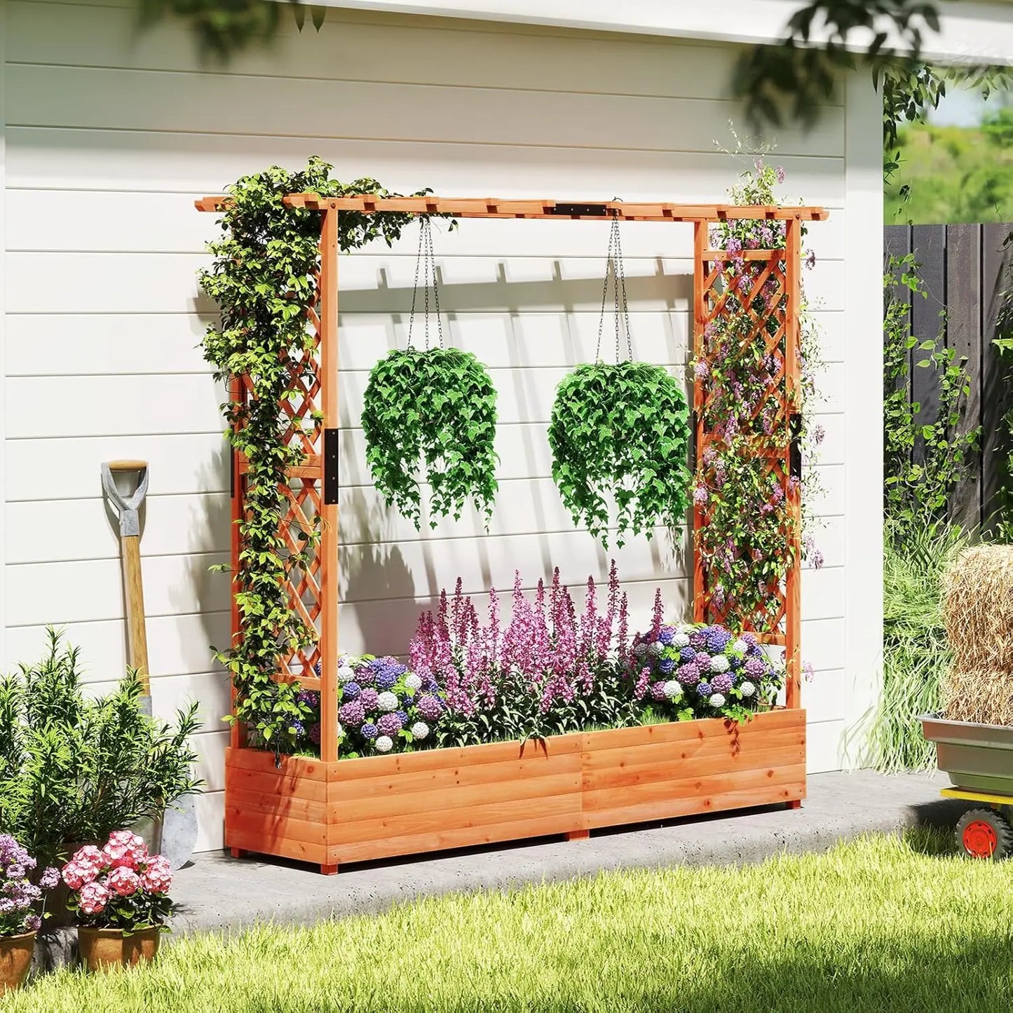 Freestanding Wood Planter Box with Trellis, Hanging Roof & Drainage for Climbing Plants, Flowers, Outdoor Garden