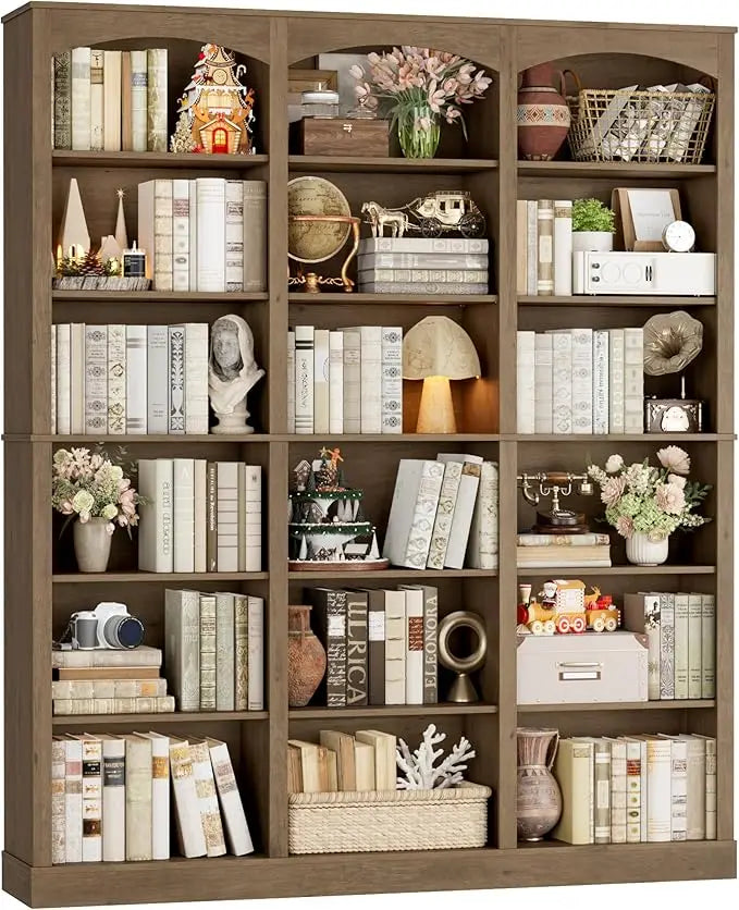 71" Triple Wide Bookshelf, 6 Tier Tall Bookcase with Curved Baffle, 18 Open Shelves for Living Room, Study