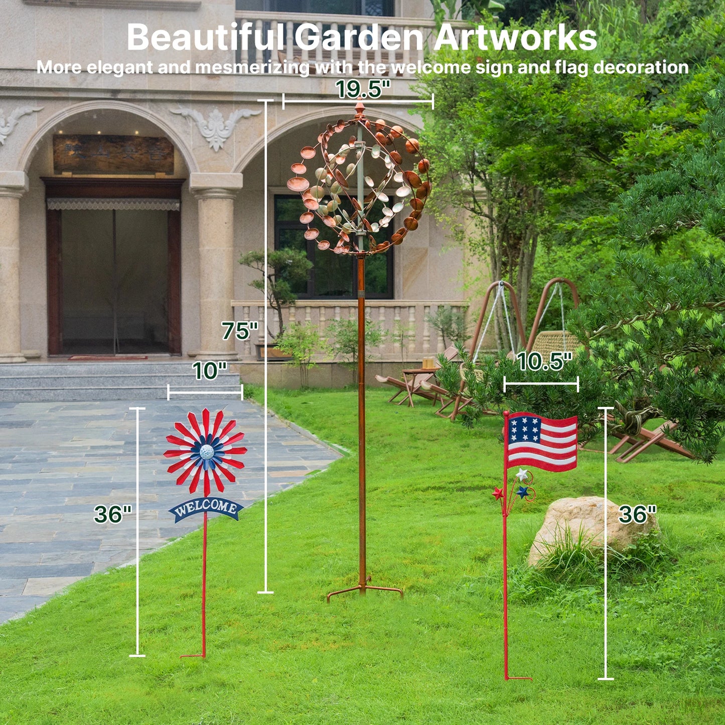 Wind Spinners Outdoor, 75" Large Metal Kinetic Wind Sculptures for Garden, 360 Degrees Swivel Yard Art with 2 Pcs Welcome Flag