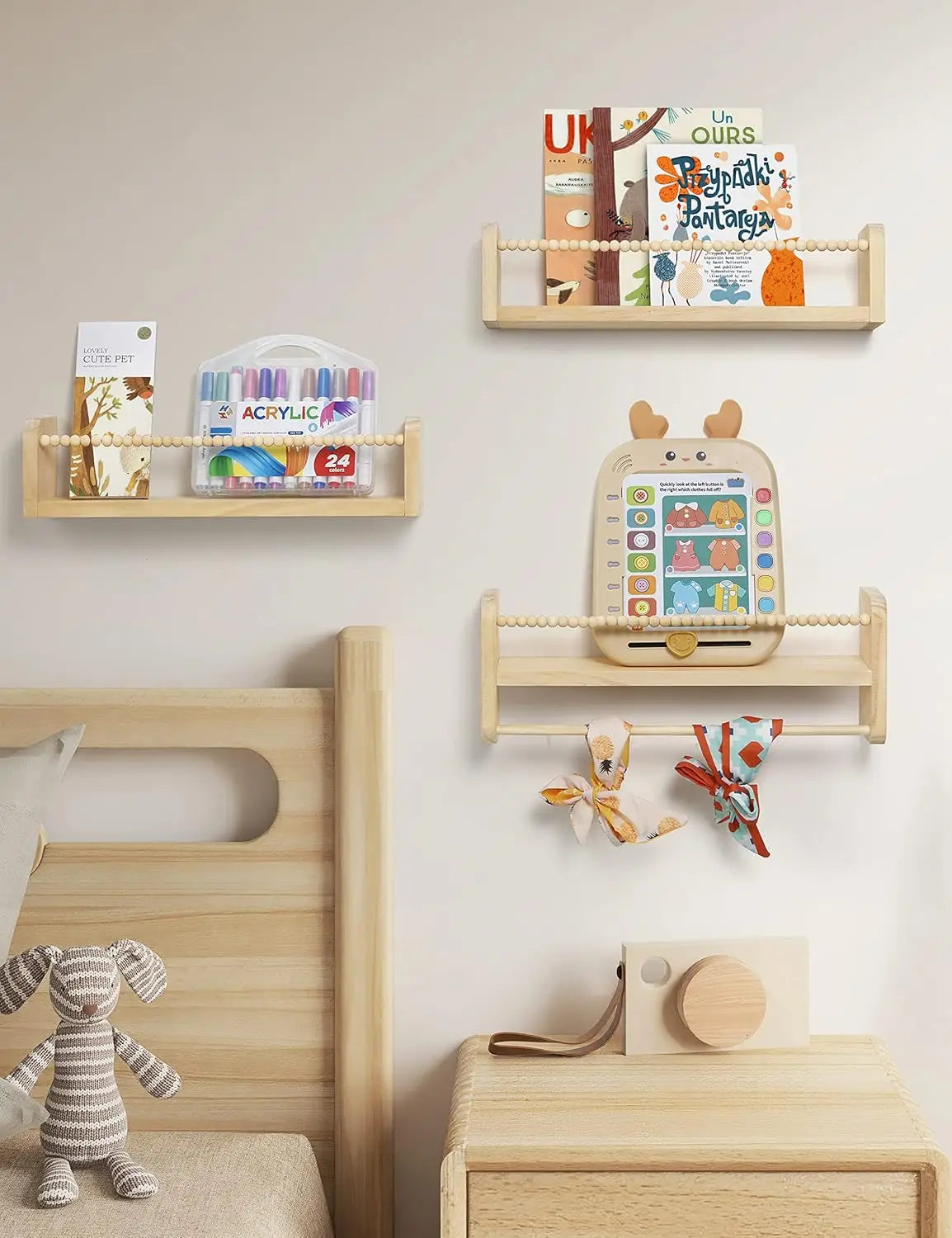 Set of 3 Natural Wood Floating Shelves with Towel Bar for Kids Room, Bedroom, and Kitchen Storage