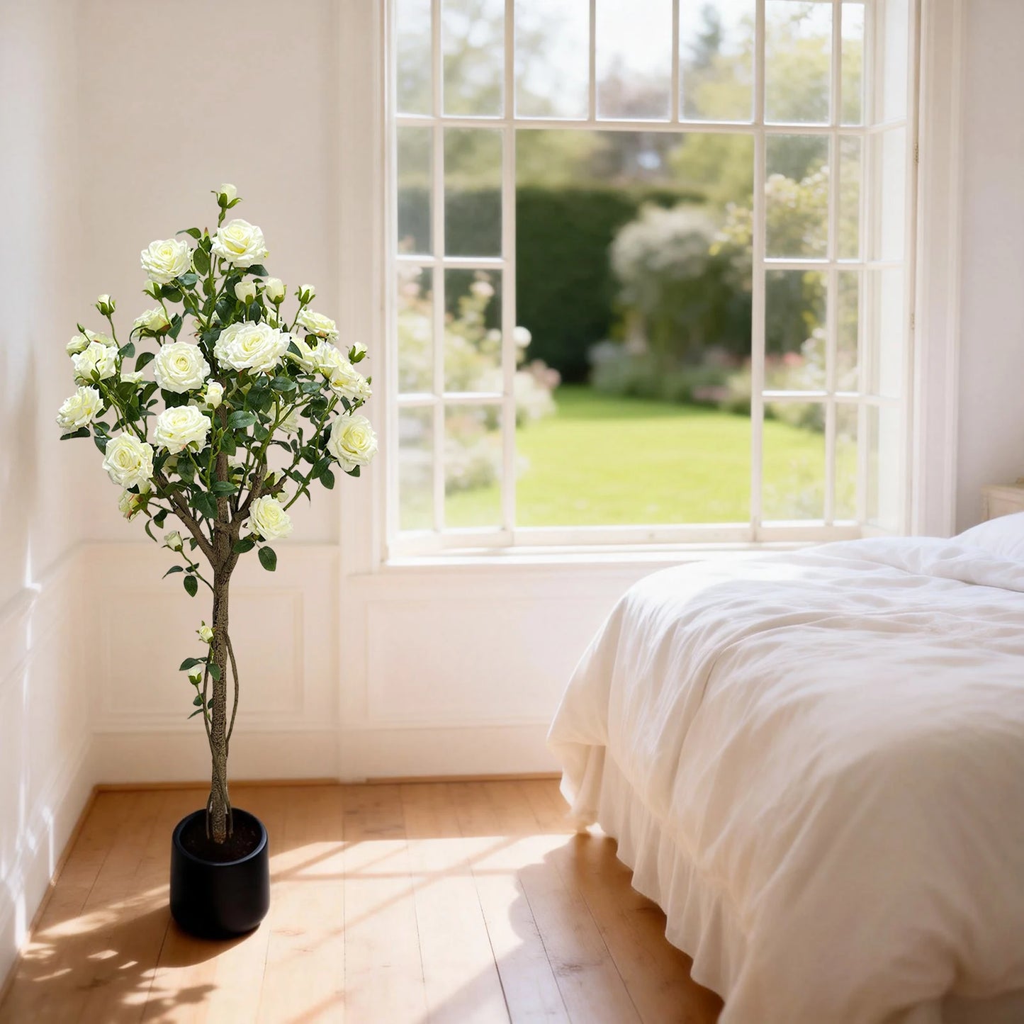 150cm  Fake Flower Tree Artificial White Rose Artificial Flowers Faux Trees Indoor Decor Trees for Home Living Room Porch Farmho