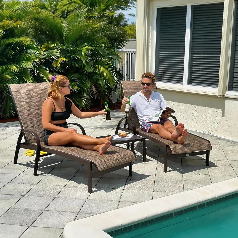 Chair Set o 3 Patio Pool Lounger Chairs with Side Table Adjustable Tanning Recliner or Outside Yard Deck Lawn Garden Beach Brown