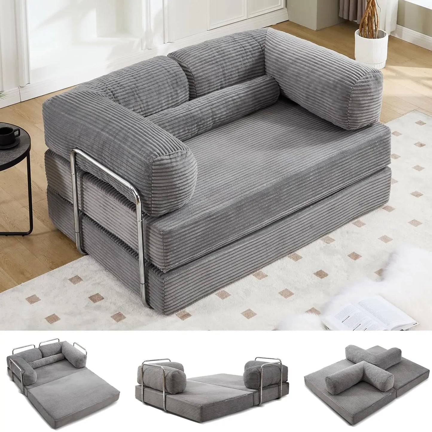 5-in-1 Convertible Sofa Bed, 79" Corduroy Folding Sleeper Couch Bed with Steel Frames, Boneless Foldable Floor Sofa, Customized