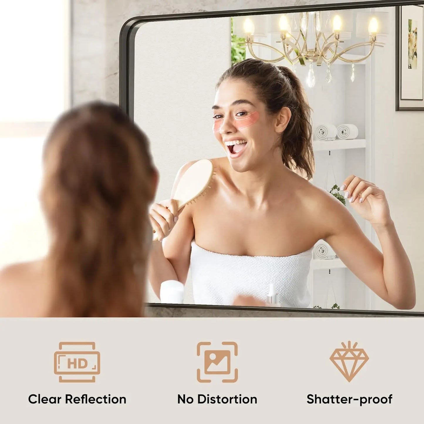 Black Metal Framed Vanity Mirror, Rounded Rectangle Bathroom Wall Mirror for Over Sink, 30x22 Inch Matte Large Modern Decorative
