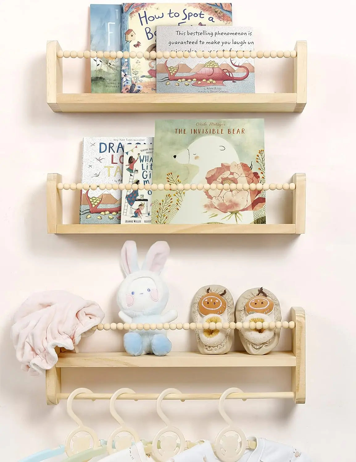 Set of 3 Natural Wood Floating Shelves with Towel Bar for Kids Room, Bedroom, and Kitchen Storage