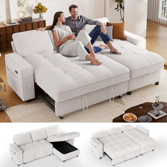 L Shaped Chenille Sleeper Sofa Pull Out Bed Reversible Storage Chaise USB Port Side Pocket Tool-Free Assembly 81" Customized