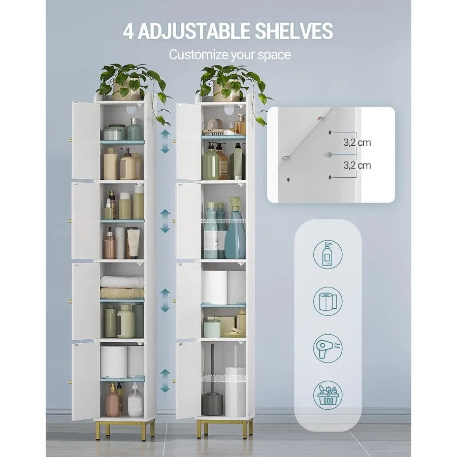 4-Tier Narrow Tall Storage Cabinet, Slim Bathroom Storage Cabinet With 4 Adjustable Feet And Shelves, Bathroom Organization For