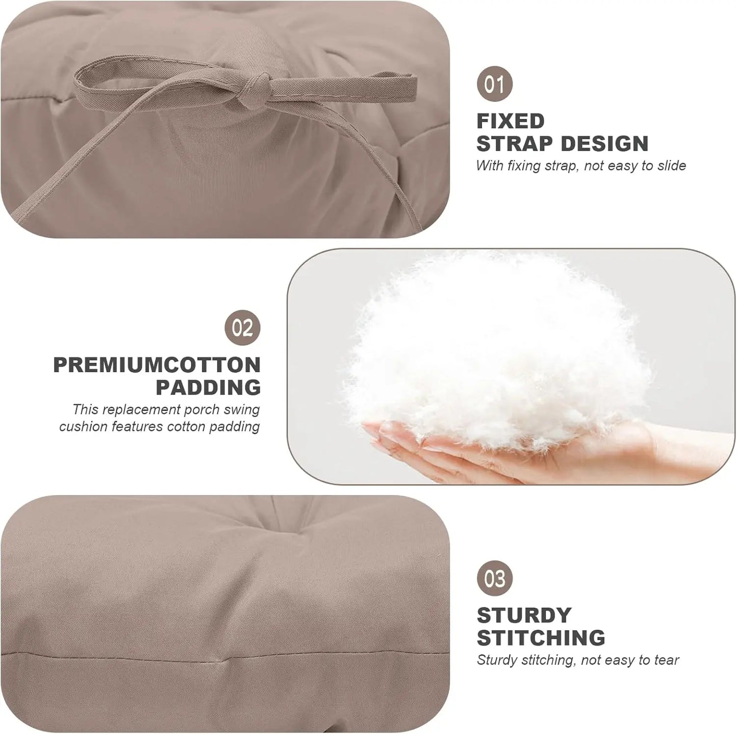 Waterproof Outdoor Swing Cushions with Backrest and Ties, 3-Seater Thickened Bench Cushion for Patio, Garden (Khaki 60x40 in)