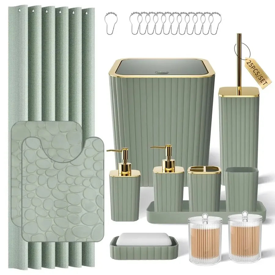 Accessories Set 25PC Sage Green Bathroom Set, Bathroom Set with Shower Curtain and Rugs, Sage Green Shower Curtain Set, Bathroo