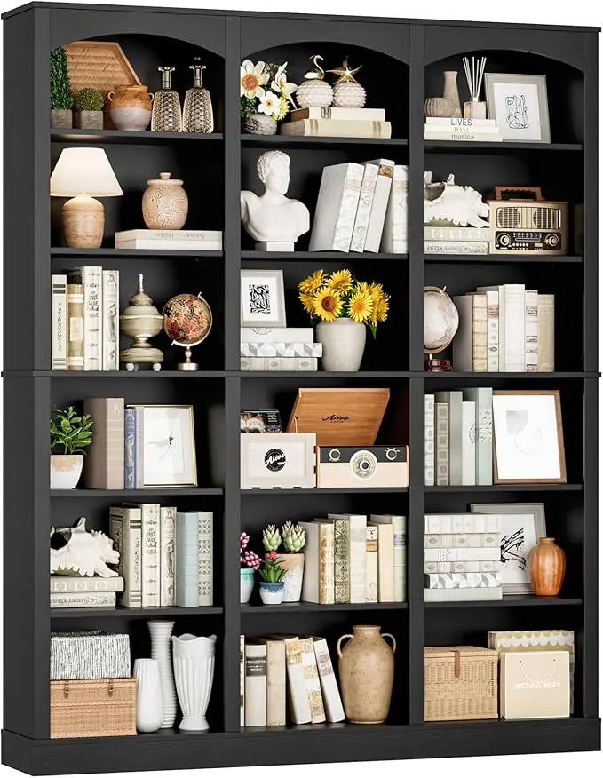 71" Triple Wide Bookshelf, 6 Tier Tall Bookcase with Curved Baffle, 18 Open Shelves for Living Room, Study
