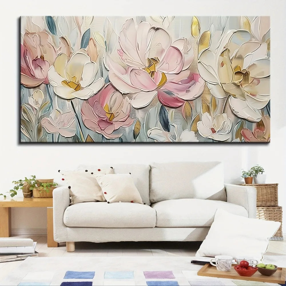 An abstract floral canvas painting, suitable for interior, mixed watercolor style poster, 1.5 inch thick pine solid wood frame